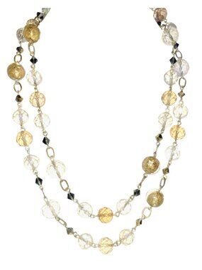 Vintage Long Handmade Gold Foil Beads Art Glass Necklace W Faceted Amber & Clear